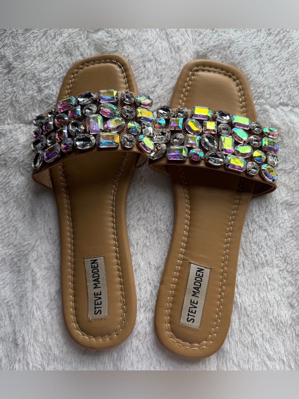 Steve Madden Tan Slide Sandals with Multicolored Gem Embellishment